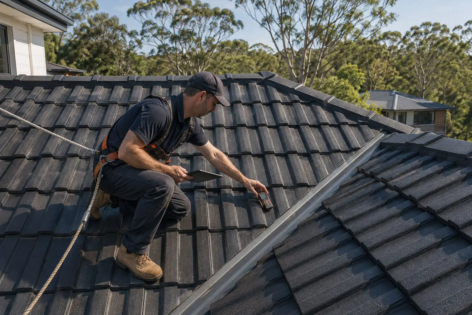 Roofer inspecting a tiled roof in Nowra