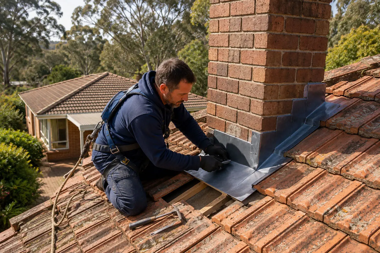 Roof Repairs Nowra Roofer carrying out flashing repairs beside a brick wall