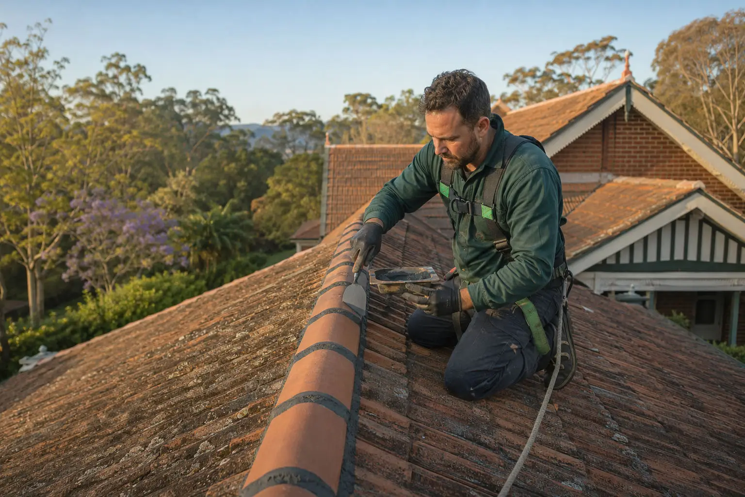 Roofer carrying out restoration work along tiled roof ridge capping